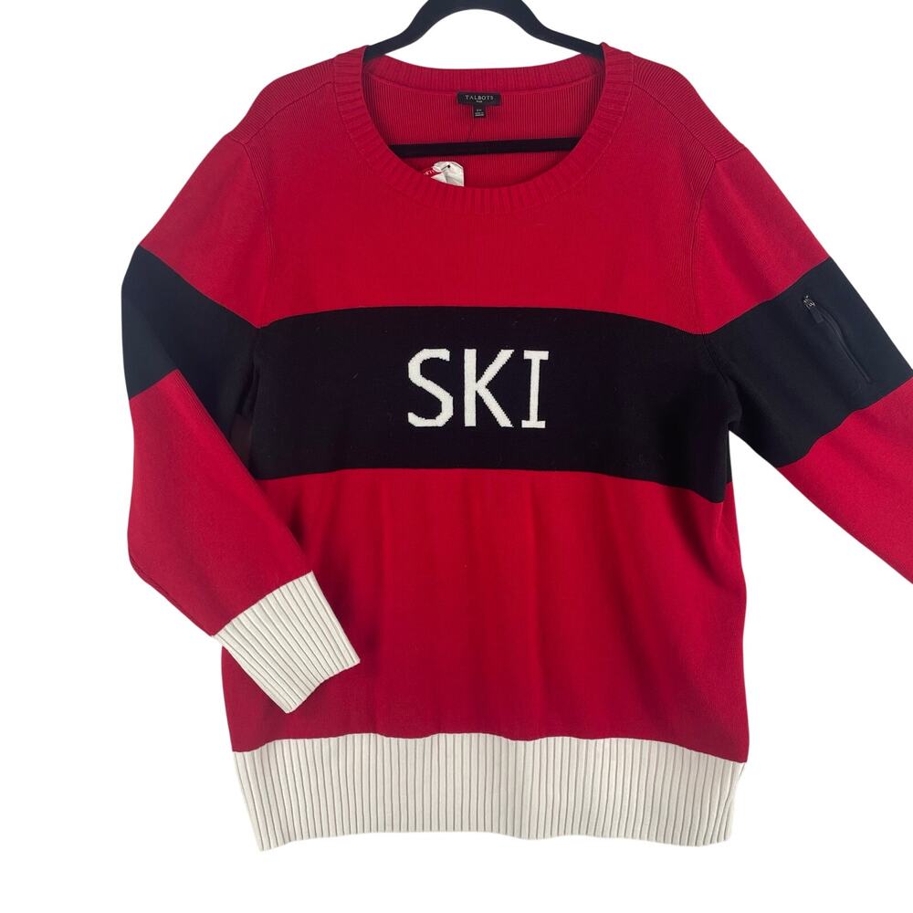 Talbots Womens Colorblock SKI Sweater 2X Red Black Cream Crewneck Thermolite